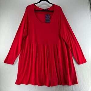 DOUBLJU Pleated Babydoll Dress 5XL Long Sleeve Scoop Neck Pullover Stretch Red